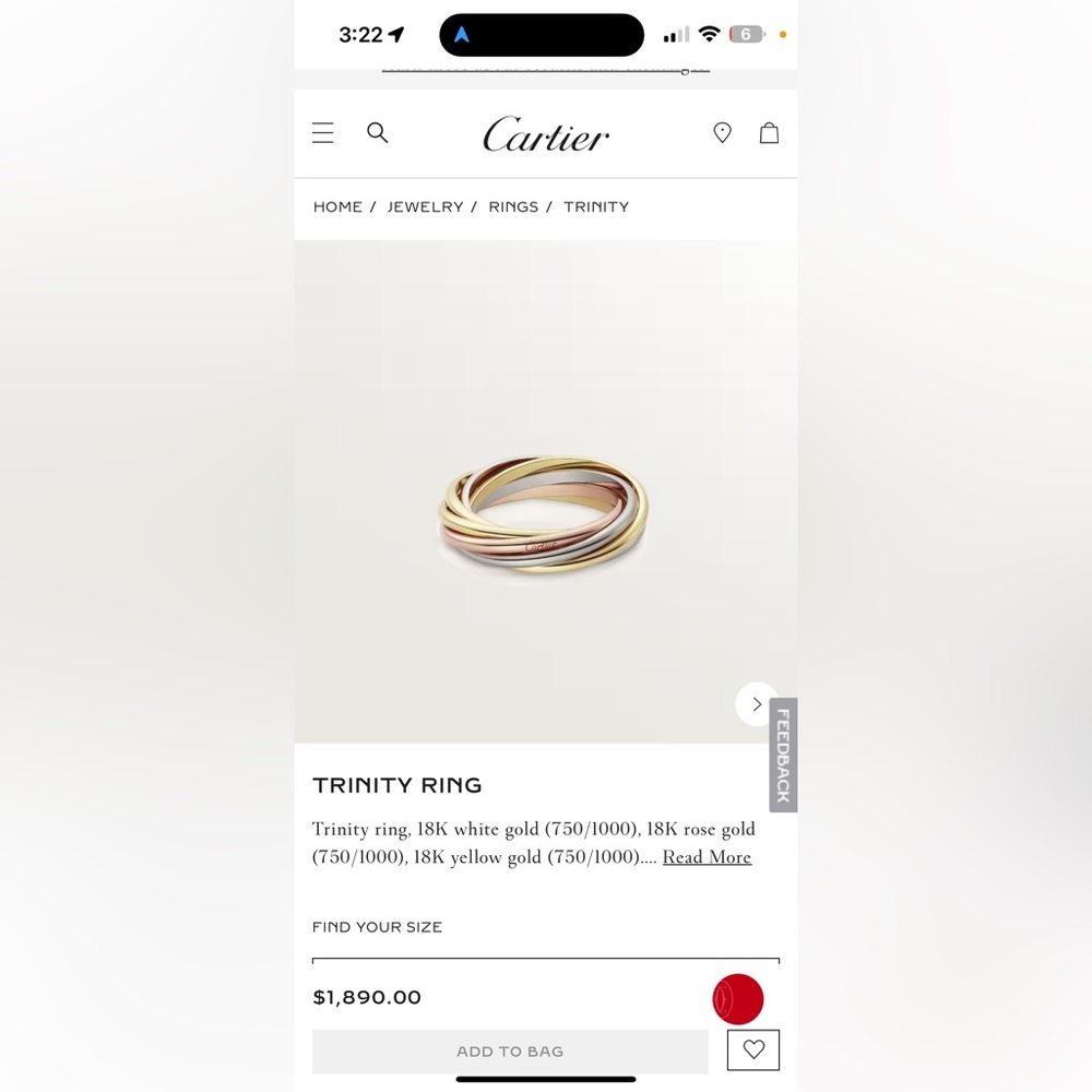 Cartier tri gold 18 k infinity ring size 7